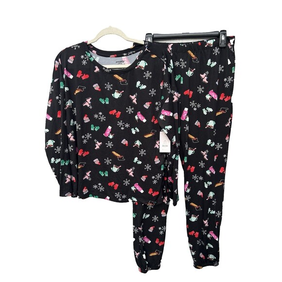 Joyspun Women's Pajama Set Jersey Knit M 8-10 Black Snowflake Sled Winter Skates - Picture 1 of 9
